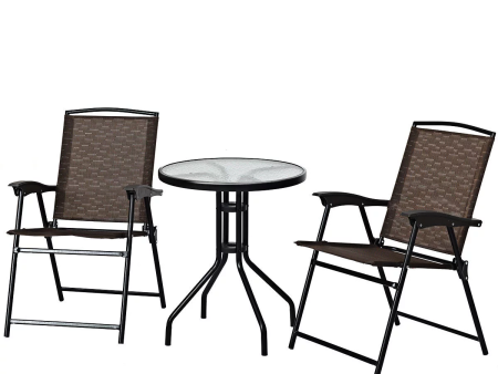 3 Pieces Furniture Set Patio Garden Courtyard Table Folding Chairs Glass Table Top Discount