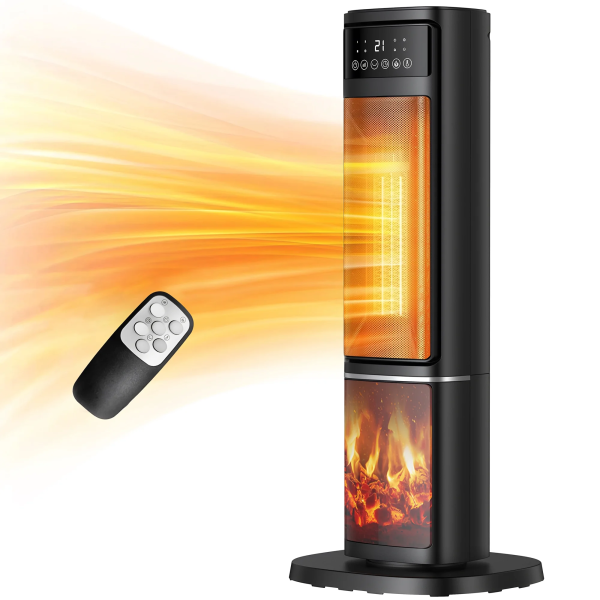 HONGGE 1500W Oscillating Ceramic Tower Electric Space Heater with Remote, Black on Sale