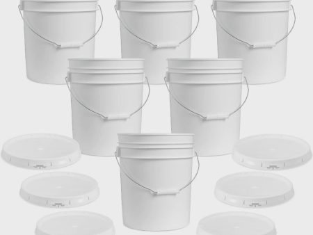 5 Gallon White Bucket & Lid - Set of 6 - Durable 90 Mil All Purpose Pail - Food Grade - Contains No BPA Plastic (5 Gal. w Lids - 6pk For Sale