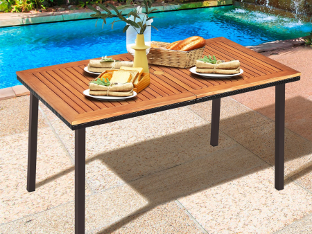 Gymax Rectangle Patio Outdoor Dining Table Acacia Wood Tabletop w  2   Umbrella Hole Online now